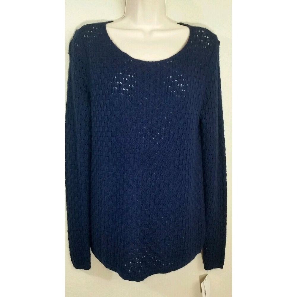 Liz Claiborne Open Knit Sweater Women S Navy Blue Pointelle Knit Long Sleeve New